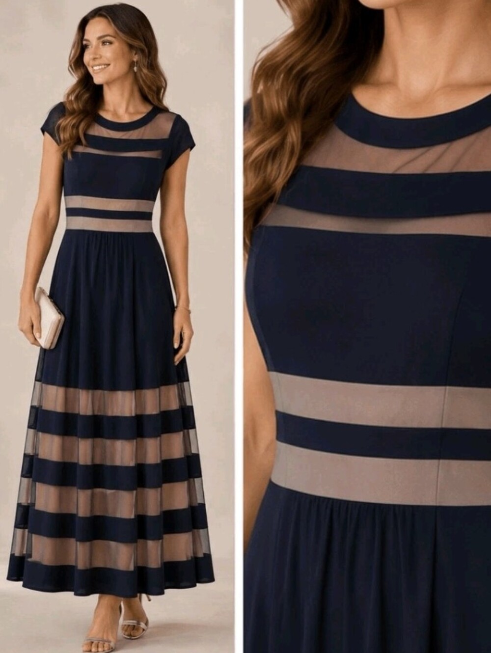 R&M Richards Navy and Beige Maxi Dress